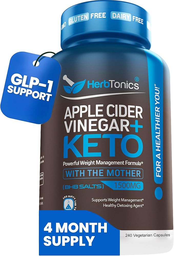 Herbtonics Apple Cider Vinegar + Keto BHB Capsules | GLP-1 Support for Appetite Cravings &amp Weight Management | Metabolism Support with Satiety Support | 240 Capsules - 4 Month Supply