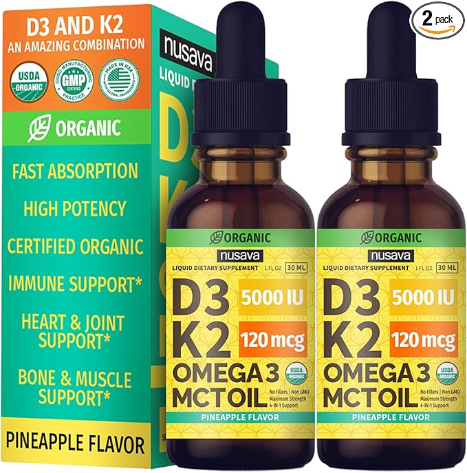 (2 Pack) Organic Vitamin D3 K2 Drops with MCT Oil Omega 3 Maximum Strength Vitamin D Liquid 5000 IU No Fillers Non-GMO Liquid D3 for Faster Absorption and Immune Support (Pineapple 2 Fl Oz)
