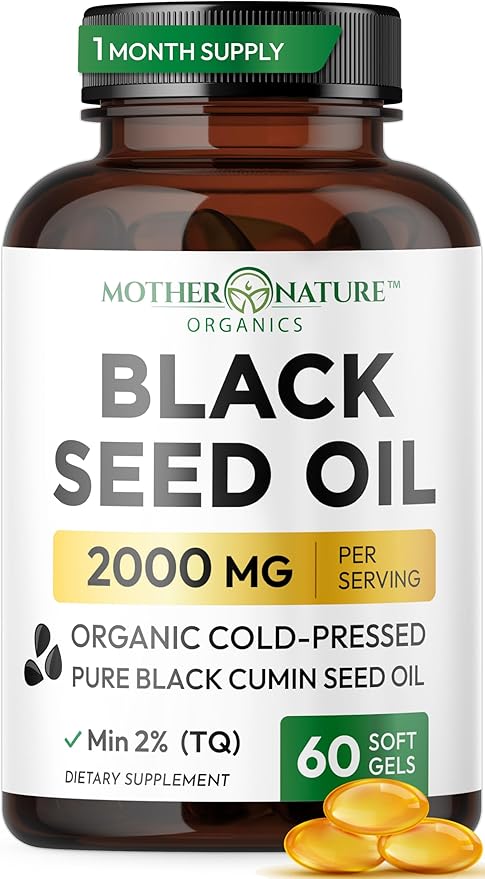 Black Seed Oil Capsules 2000mg Per Serving Organic Cold Pressed Black Cumin High TQ Immune &amp Joint Support 60 Count