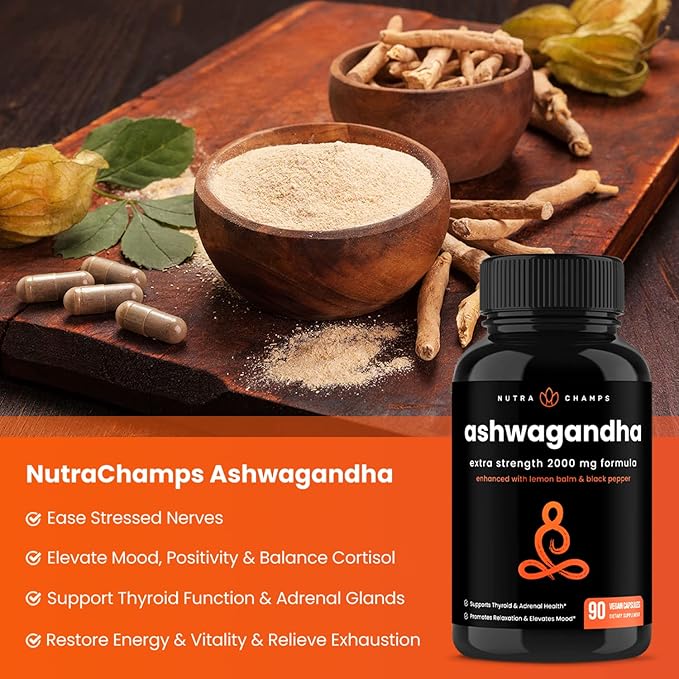 NutraChamps Organic Ashwagandha Capsules 2000mg Adrenal Fatigue Thyroid &amp Mood Support Ashwagandha Supplements Ashwagandha Root Powder &amp Lemon Balm Superior Absorption with Black Pepper