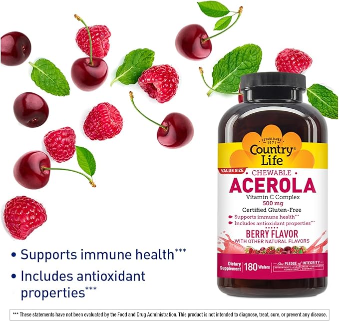Country Life Acerola Vitamin C Complex 500mg Chewable Berry Flavored Wafers Supports Immune Health 180 Wafers Certified Gluten Free by GFCO  Certified Vegan by AVA