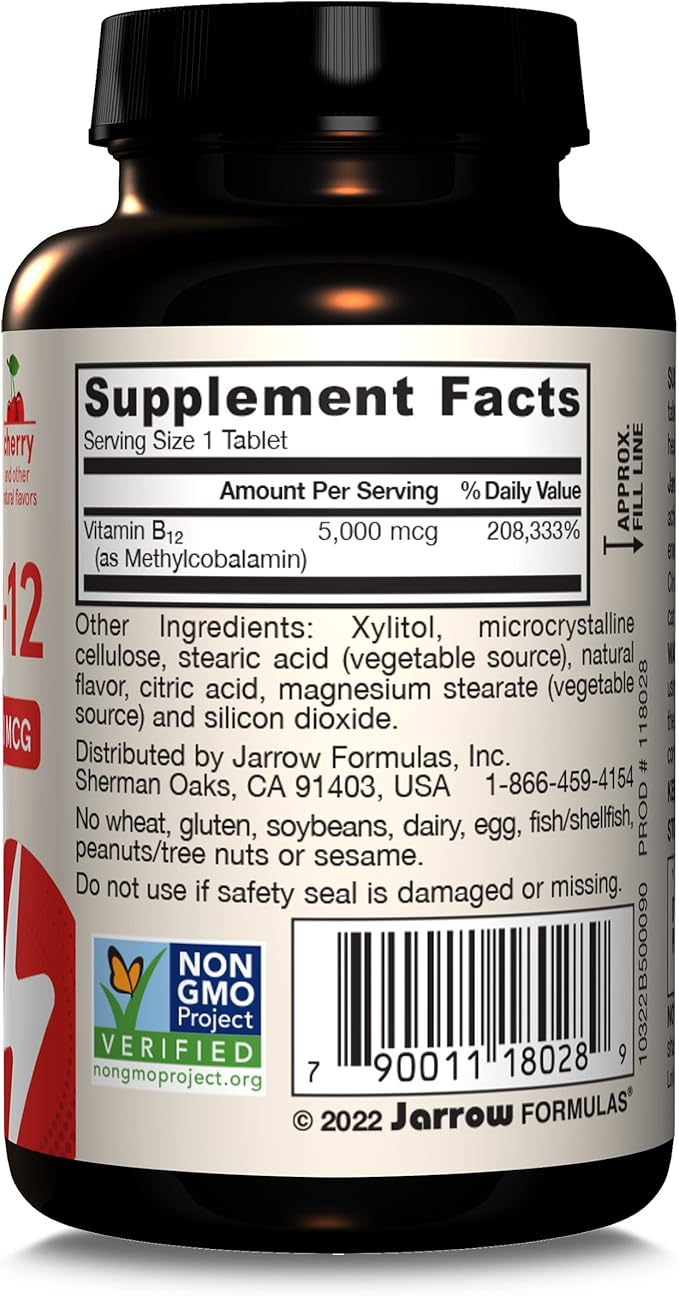 Jarrow Formulas Vitamin B12 5000 mcg - Maximum Strength for Cellular Energy and Brain Health 90 Cherry Chewable Tablets B12 Vitamins 5000 mcg