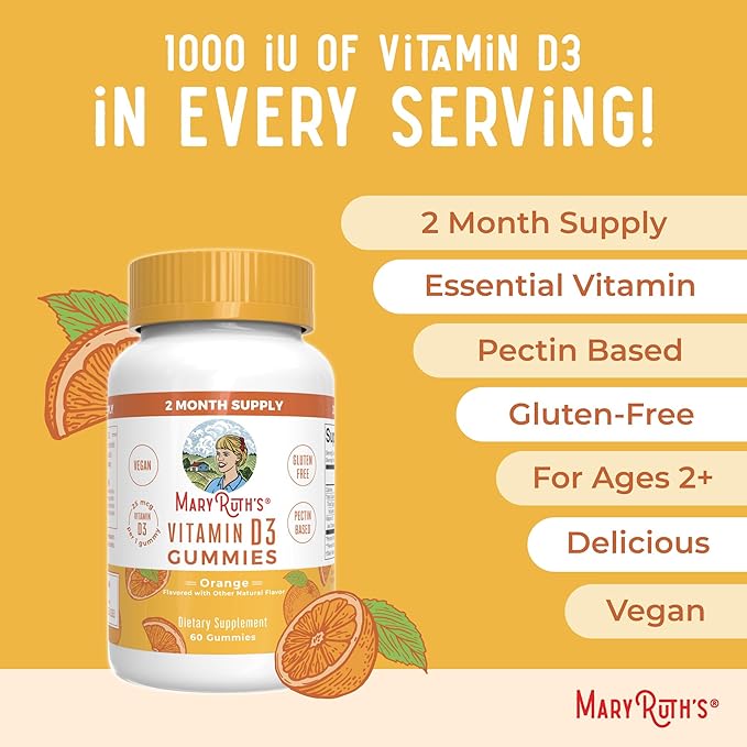 MARYRUTH'S Vitamin D3 Gummies | 2 Month Supply | Adults &amp Kids Vitamin D Gummy | Immune Support Supplement | VIT D3 1000IU for Bone Health&ampMuscle Function | Vegan | Non-GMO | Gluten Free | 60