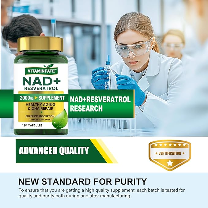 NAD+ Supplement 2000 mg - 120 Capsules True NAD+ &amp Resveratrol NMN Alternative Supports Anti-Aging Cellular Energy &amp Repair Metabolism &amp Brain Boost for Men &amp Women