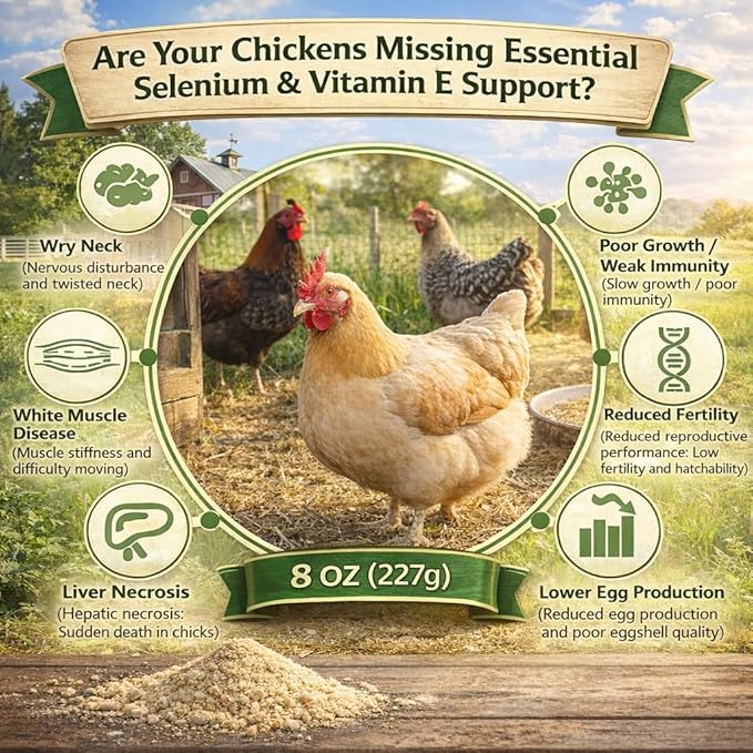 8 oz (227 g) Selenium &amp Vitamin E Powder for Chickens Selenium Supplement for Chickens Supports Immune &amp Muscle Health Suitable for All Poultry