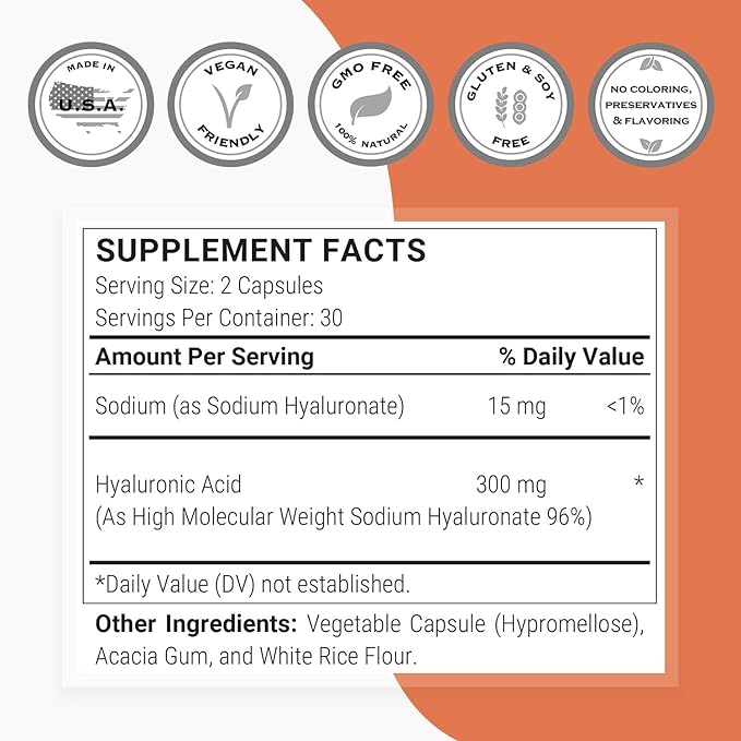 Supersmart Hyaluronic Acid Supplement 300mg per Day (Sodium Hyaluronate) - High Molecular Weight 1.2 Million Daltons | Non-GMO &amp Gluten Free - 60 Vegetarian Capsules