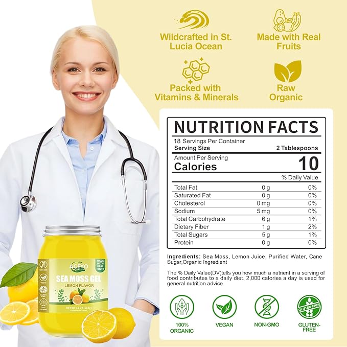 ACEYO (18 OZ) Irish Sea Moss Gel Organic Raw Vegan Lemon Flavor 102 Vitamins and Minerals Wild Harvested Non-GMO Immune Defense Booster Thyroid Digestive Support