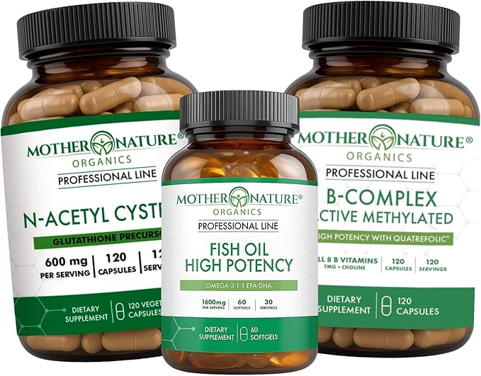 NAC + Omega-3 + B Complex Bundle – Immune Energy &amp Heart Support | Antioxidant Defense for Brain Stress &amp Wellness