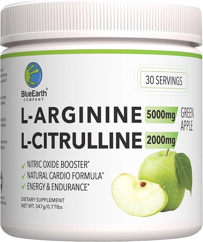 L-Arginine 5000mg + L-Citrulline 2000mg Complex Powder Supplement Drink Mix - Nitric Oxide Booster for Heart Health Blood Flow &amp Energy - 30 Servings (Green Apple)
