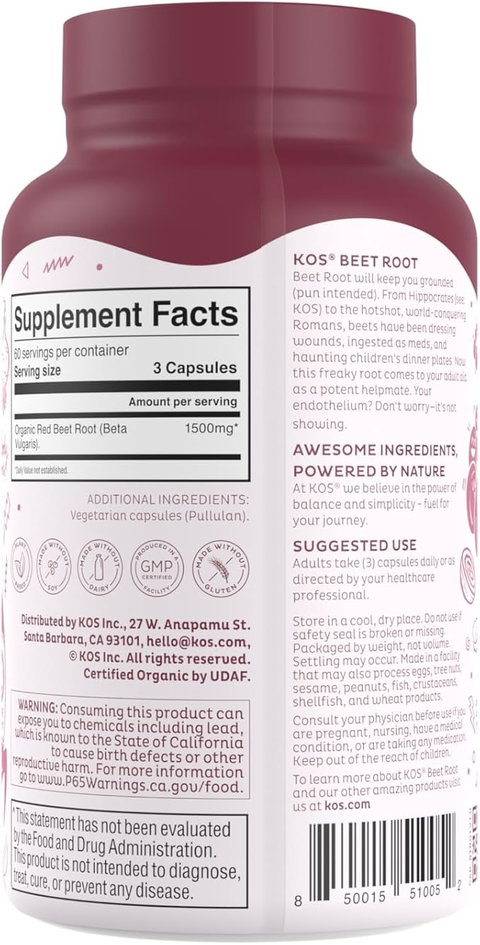 KOS Organic Beetroot Capsules 1500mg - USDA Organic Antioxidant Power from Organic Beet Root Superfood Supports Healthy &amp Active Lifestyle - Non-GMO Vegan and Keto Friendly - 180 Capsules