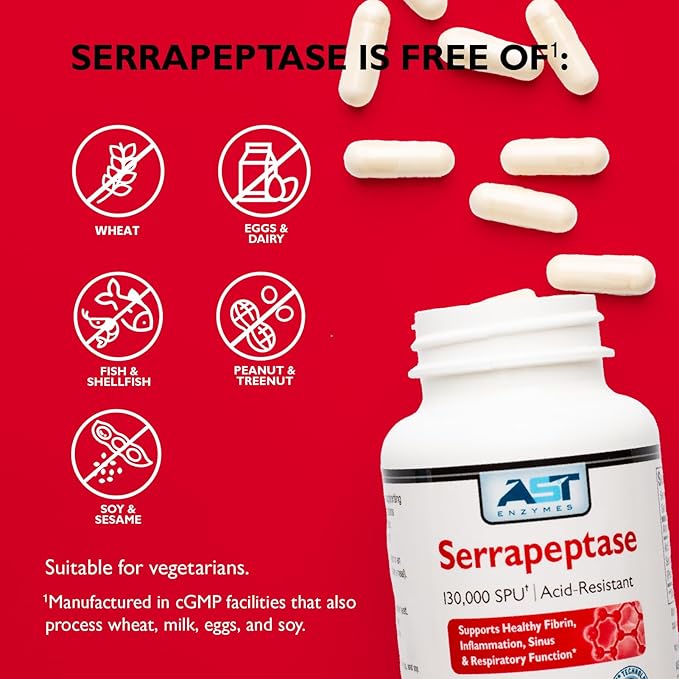 AST Enzymes Serrapeptase 130000 SPU – 60 Vegetarian Capsules – Premium Natural Systemic Enzymes –Acid-Resistant Serrapeptase