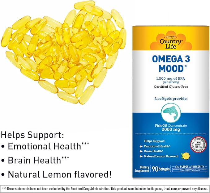 Country Life Omega 3 Mood – 2000mg Fish Oil with EPA &amp DHA – Brain Heart &amp Mood Support – Lemon Flavored No Fishy Aftertaste – Certified Gluten Free Non-GMO – 90 Softgels