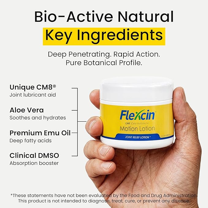 Flexcin Motion Lotion with CM8 - Joint &amp Muscle Therapy Cream for Back Neck Knee Hand Foot - Fast Absorbing with DMSO Emu Oil Aloe Vera - Non-Greasy - 3 Pack (4oz Jars)