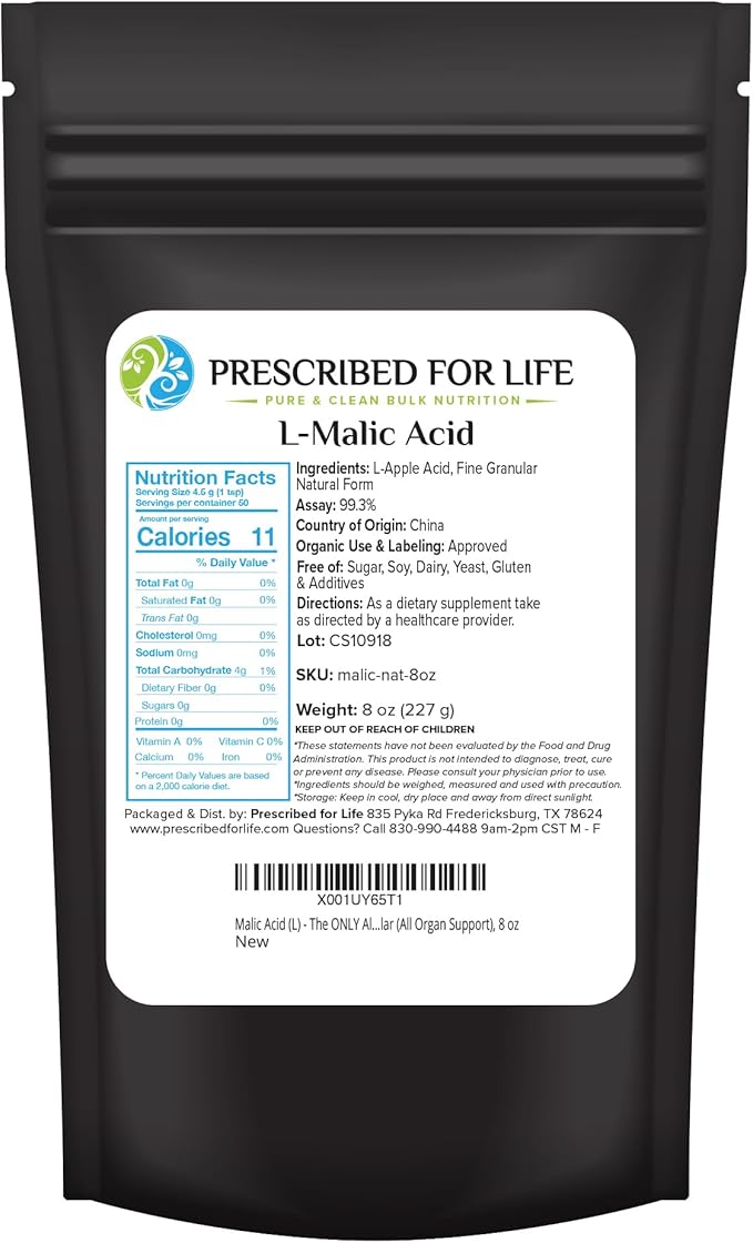 Prescribed for Life L Malic Acid Powder 100% Pure Malic Acid Supports Energy and Endurance USP Grade Gluten Free Vegan Non GMO (8oz / 227g)