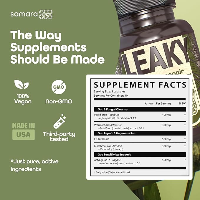 Samara 888 Leaky Gut Repair Supplement &amp Candida Support with Marshmallow Root Woormwood and PAU D'Arco - Liver Cleanse Detox &amp Repair - Supports Gas Relief for Adults - 90 Vegan Capsules