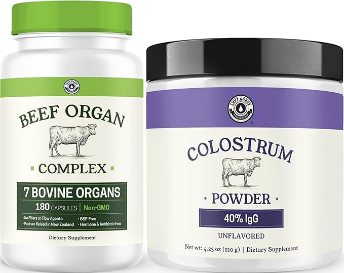 Left Coast Performance 25% IgG Colostrum Powder &amp Beef Organ Supplement - Bovine Wellness Bundle for Men and Women's Gut Health Energy Hormone Balance and Immune Support