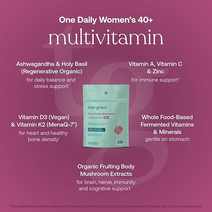 True Grace One Daily Women’s Multivitamin 40+ Fermented Minerals Organic Adaptogens &amp Mushrooms Energy Immune Bone Support - Non-GMO - Iron Gluten &amp Soy Free - 90 Vegan Tablets
