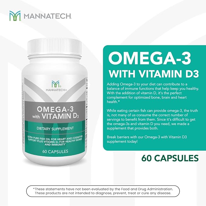 Mannatech Omega-3 with Vitamin D3 for Bone Heart Health and Cognitive Support Made of Pure Fish Oil