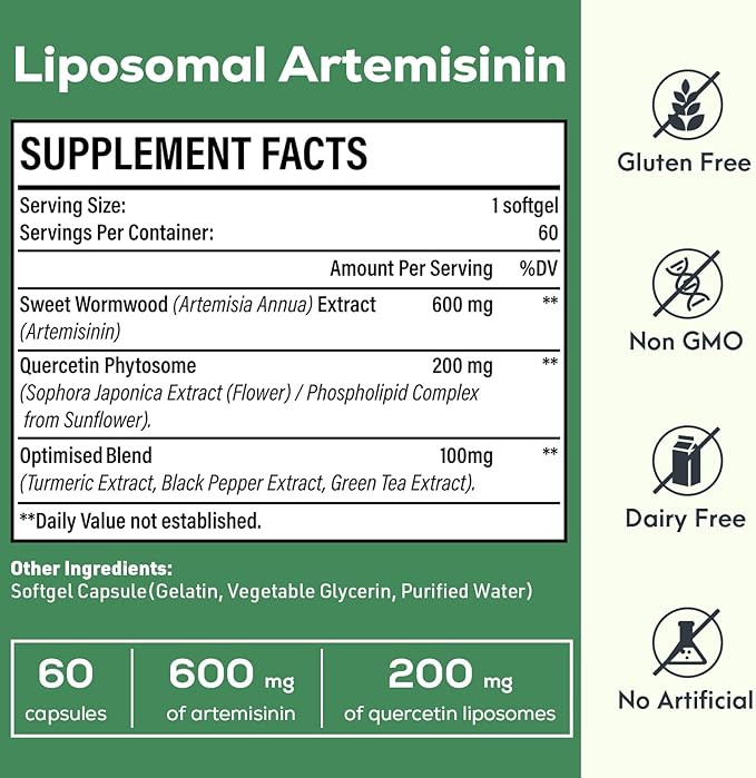 900 mg Liposomal Artemisinin for Maximum Absorption Sweet Wormwood Extract(Artemisia Annua) with Quercetin Phytosome 200 mg 60 Softgels - 2 Months Supply