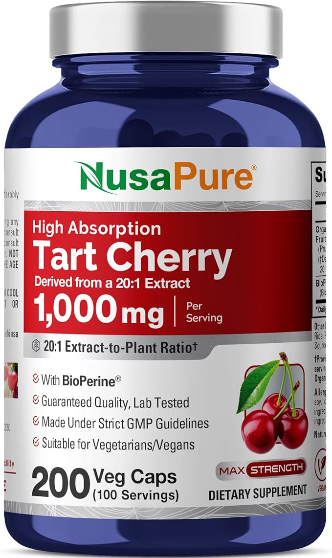 NusaPure Tart Cherry Capsules 1000 mg 200 Veg Capsules (Non-GMO Vegan)
