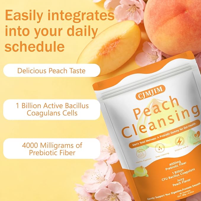 Peachy Clean Fiber Gummies with Prebiotic for Men Peach Flavored Digestive Support &amp Detox Gummy Supplement 60 Vegan Gummy Bears for Regularity &amp Gut Health (1)