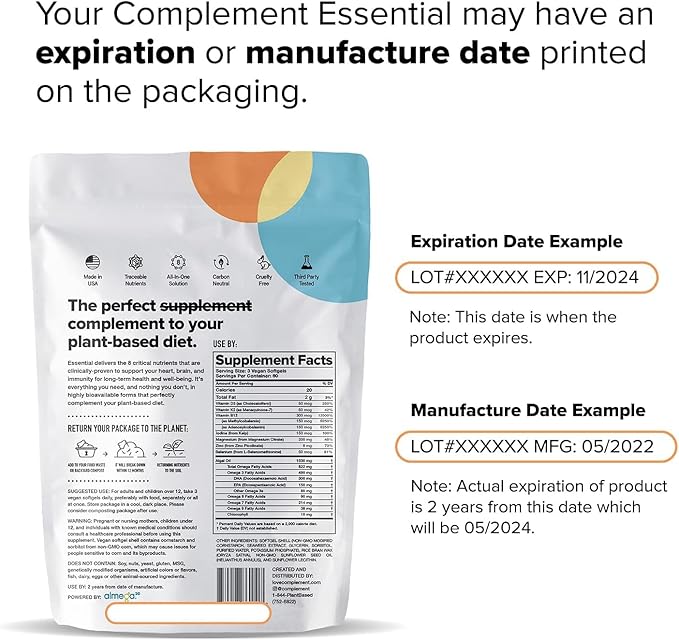 Complement Essential Vegan Multivitamin for Men &amp Women (30 Servings 90 Capsules) with Omega-3 DHA &amp EPA B12 Vitamin D3 &amp K2 Zinc Selenium Magnesium Iodine - Supports Immunity &amp