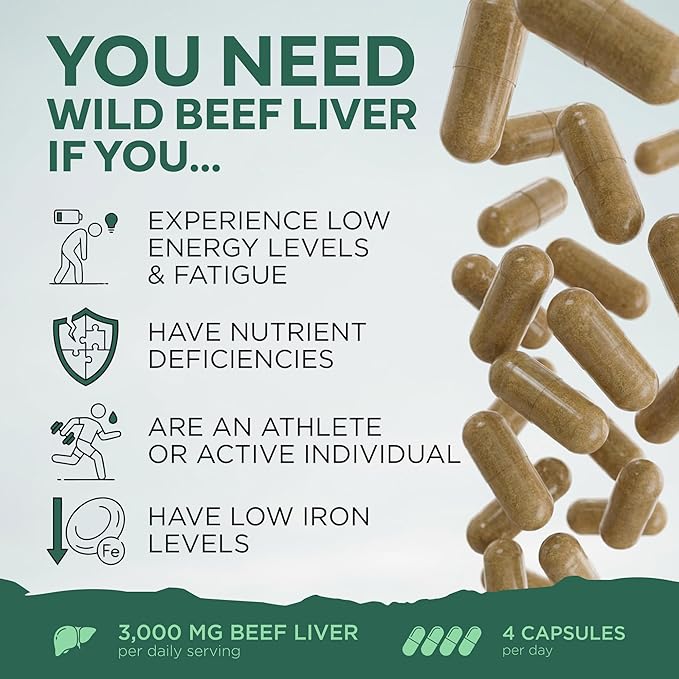 Wild Foods Beef Liver Capsules - Grass-Fed &amp Pasture-Raised | 3000mg Ancestral Supplement for Natural Energy &amp Immune Support | Organ Supplement for Men &amp Women | Keto Paleo Carnivore (1