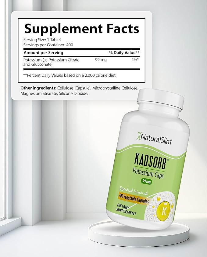 NaturalSlim Natural Potassium Citrate Gluconate 99 mg - Kadsorb Supports Electrolyte Balance &amp Normal pH - Absorbable Potassium Supplements with Essential Minerals - Non GMO 400 Capsules 1 Pack