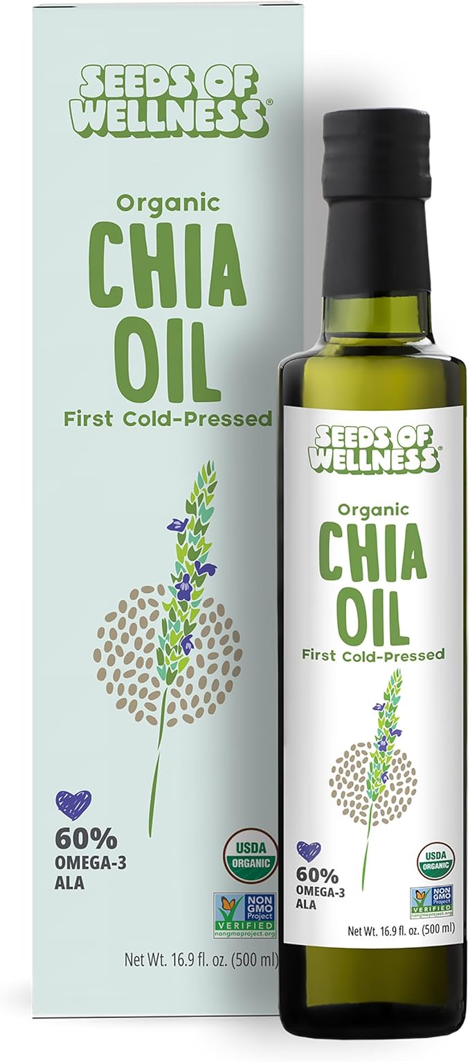 Seeds of Wellness - Organic Chia Seed Oil Essential Bio Nutrients Fatty Acids Omega-3 ALA Plant-Based Cold-Pressed Unrefined Non GMO 16.9 Fl Oz (500 ml) Glass Bottle Pack of 1 Chile