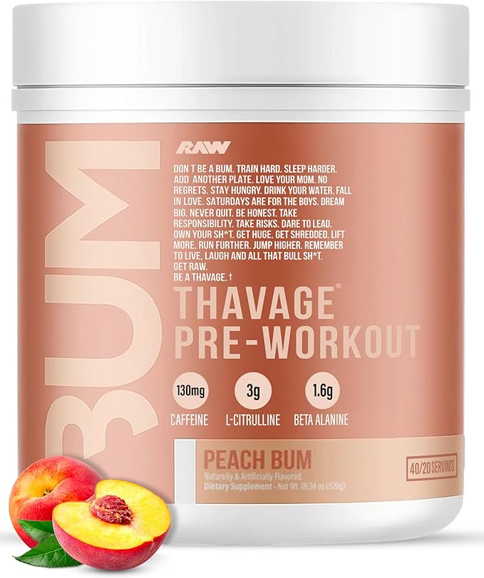 RAW Preworkout Powder Thavage (Peach Bum) - Chris Bumstead Sports Nutrition Supplement for Men &amp Women - Cbum Pre Workout for Working Out Hydration Mental Focus &amp Energy - 40 Servings