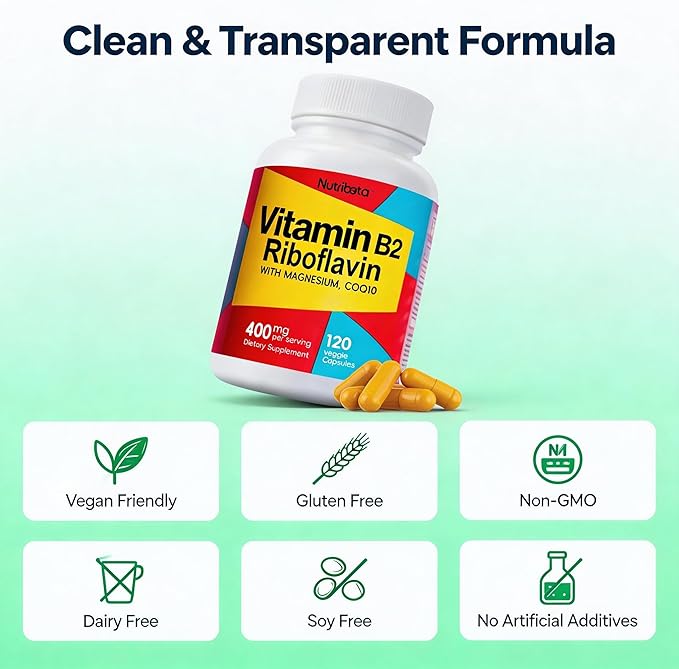 Vitamin B2 Riboflavin 400mg with Magnesium &amp CoQ10 High Potency Vitamin B2 Supplement for Energy Metabolism &amp Daily Wellness 120 Veggie Capsules 60 Day Supply