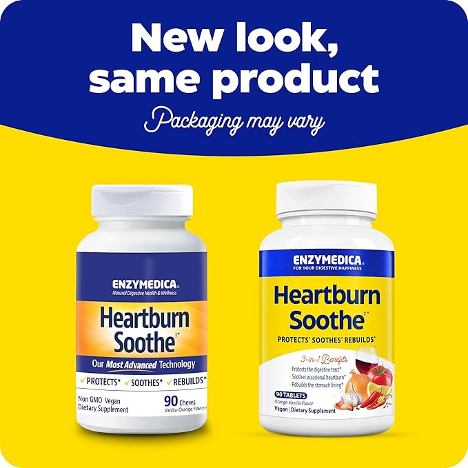 Enzymedica Heartburn Soothe Chewable Supplement - Natural Reflux &amp Stomach Lining Support Balances pH Levels with Alginate Fast-Acting Acid Support for Digestive Health Vanilla Orange - 90 Tabl