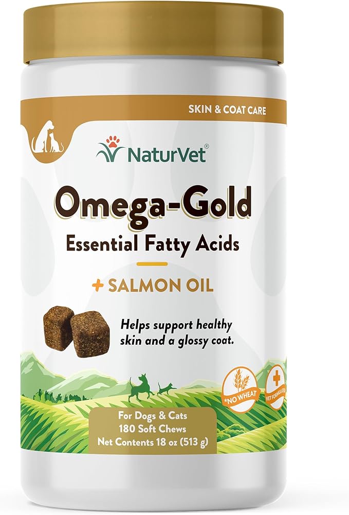 NaturVet – Omega-Gold Plus Salmon Oil | Supports Healthy Skin &amp Glossy Coat | Enhanced with DHA EPA Omega-3 &amp Omega-6 | for Dogs &amp Cats | 180 Soft Chews