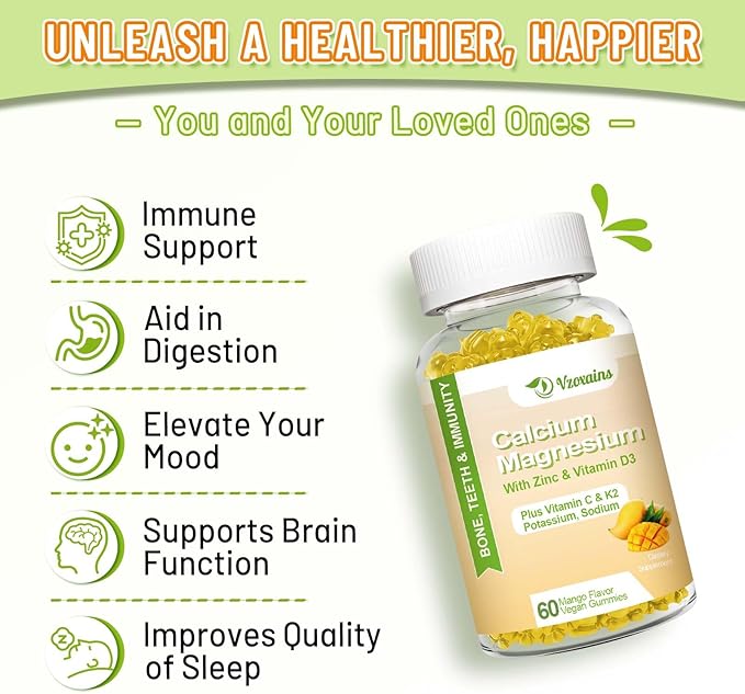 High Absorption Calcium Gummies Calcium Magnesium Zinc with Magnesium Glycinate Potassium Vitamin D3 for Women &amp Men- Mango Flavor 120 Cts