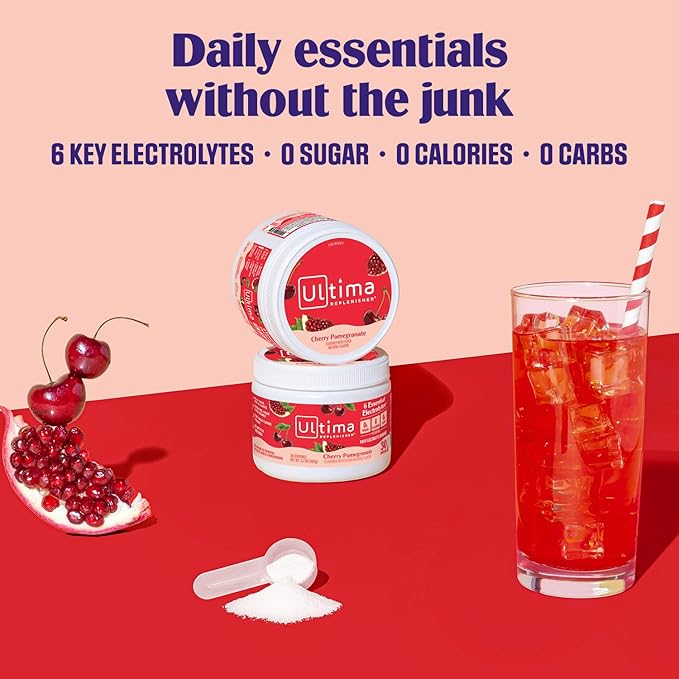 Ultima Replenisher Daily Electrolyte Powder Drink Mix – Sugar Free – Cherry Pomegranate 30 Servings – Hydration Powder with 6 Electrolytes and Trace Minerals – Keto Friendly Vegan Non-GMO
