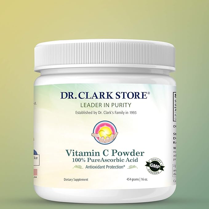 Dr Clark Vitamin C Powder Ascorbic Acid - Immune Support Supplement Gluten Free Potent antioxidant Supports Brain Function Promotes Tissue Formation and Repair 454gm | 16oz