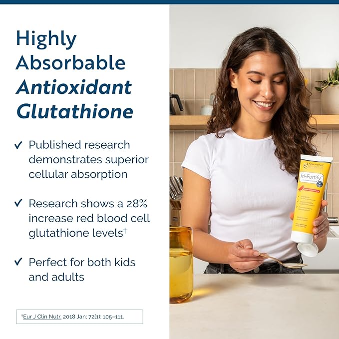 Researched Nutritonals Tri-Fortify Liposomal Glutathione Supplement Liquid Gel - Clinically Researched Detox &amp Immune System Support Antioxidant - Superior Absorption - Natural Orange 8 Fl Oz