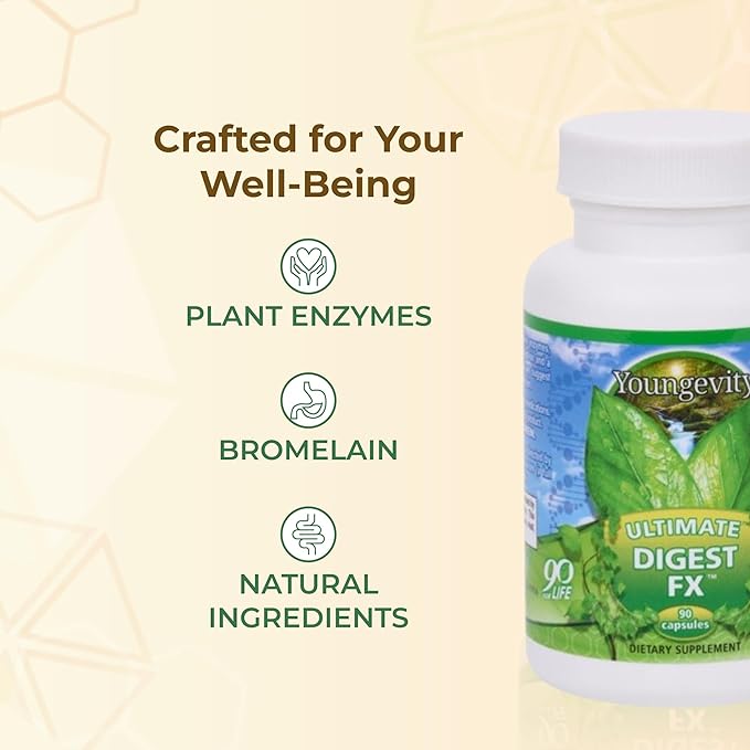 Youngevity Ultimate Digest FX™ - Ultra Prebiotic Probiotic &amp Enzyme - Plant Enzyme Blend - FOS Blend - Sea Minerals - 15 Billion Lactobacillus Blend - Digestion Aid - 90 Capsules