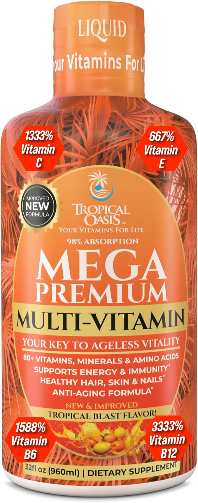 Mega Premium Liquid Multivitamin | Natural Immune Support Vitamin w/ 1333% Vitamin C 200% D3 Zinc + 20 Vitamins 70 Minerals &amp 21 Amino Acids | Sugar Free | Orange Flavor | 98% Absorption | 32