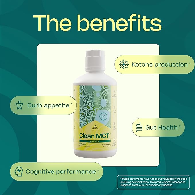 LevelUp C8 MCT Oil - 100% Pure Caprylic Acid (from Coconut) for Clean Energy &amp Focus - Keto-Friendly MCT Oil for Coffee - Non-GMO (32 oz)