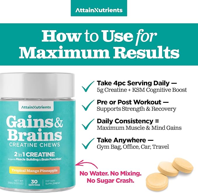 Creatine Chews - 5000mg Creatine Monohydrate Tablets for Men &amp Women with Ashwagandha KSM-66 - Low Sugar Muscle Support &amp Cognitive Boost - Gummy Alternative - 120 Count (Tropical Mango)