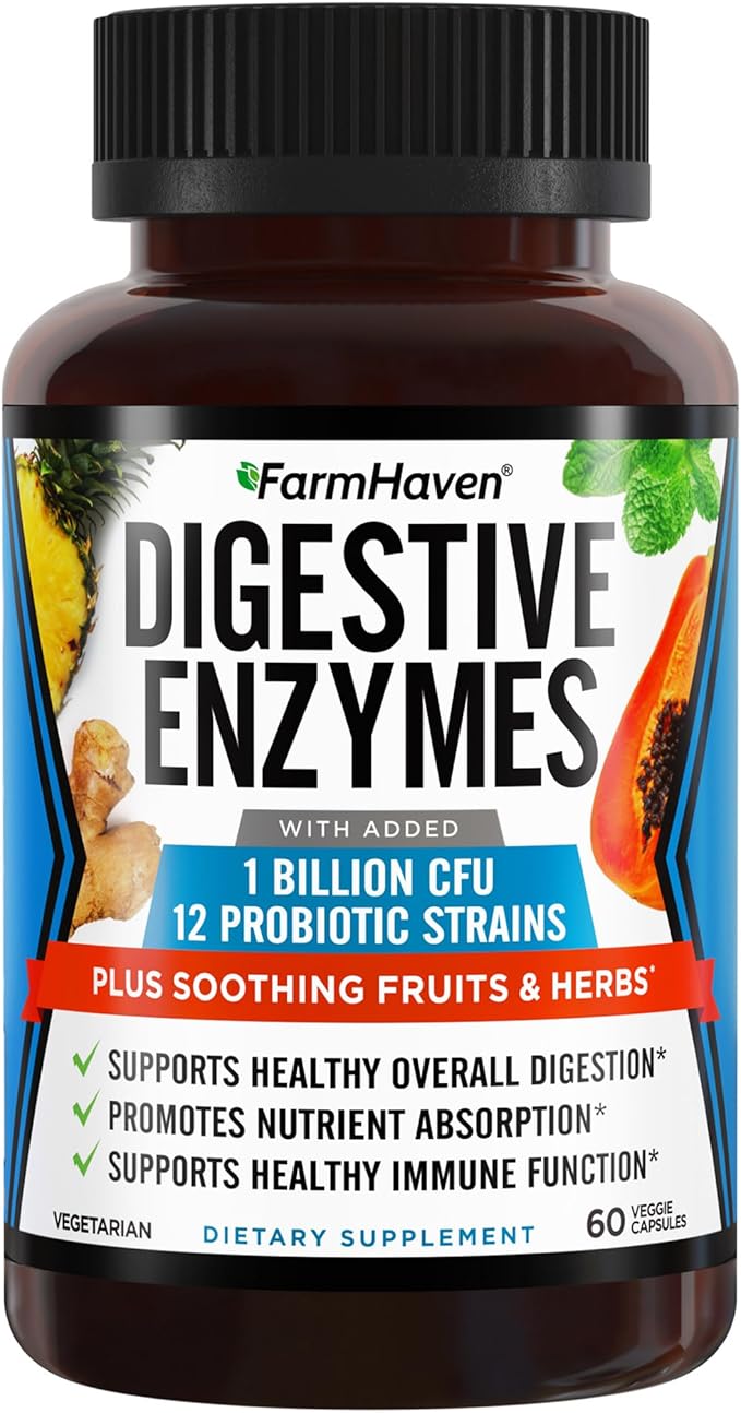 FarmHaven Digestive Enzymes with 18 Probiotics &amp Herbs | Papaya Bromelain Protease &amp More for Lactose Absorption &amp Better Digestion | Helps Bloating Gas Constipation | Vegetarian 60 C