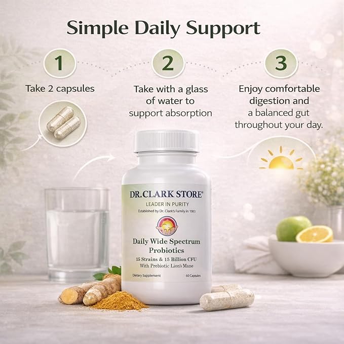 Dr Clark Store Daily Probiotics Deliver 15 Billion CFU 60 Capsules 30 Day Supply to Quickly Support Your Digestive System Balance Maximize Nutrient Absorption and Optimize Daily Gut Comfort