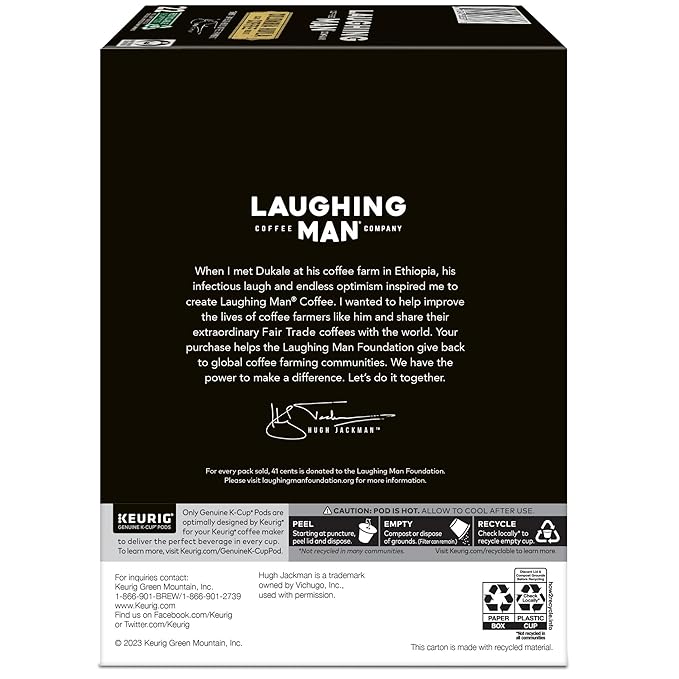 Laughing Man Colombia Huila Coffee Keurig Single Serve K-Cup Pods Dark Roast 88 Count (4 Packs of 22)