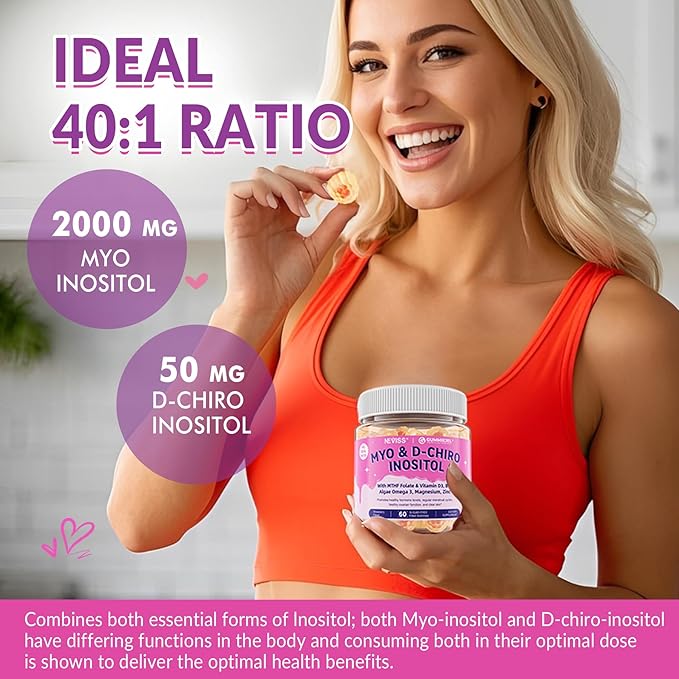 Myo-Inositol &amp D-Chiro Inositol Gummies 40:1 Ratio Inositol Gummies Supplement w/ Omega 3 MTHF Folate Magnesium Vitamin D3 B12 &amp Zinc for Female Health &amp Wellness 0g Sugar Vegan NO