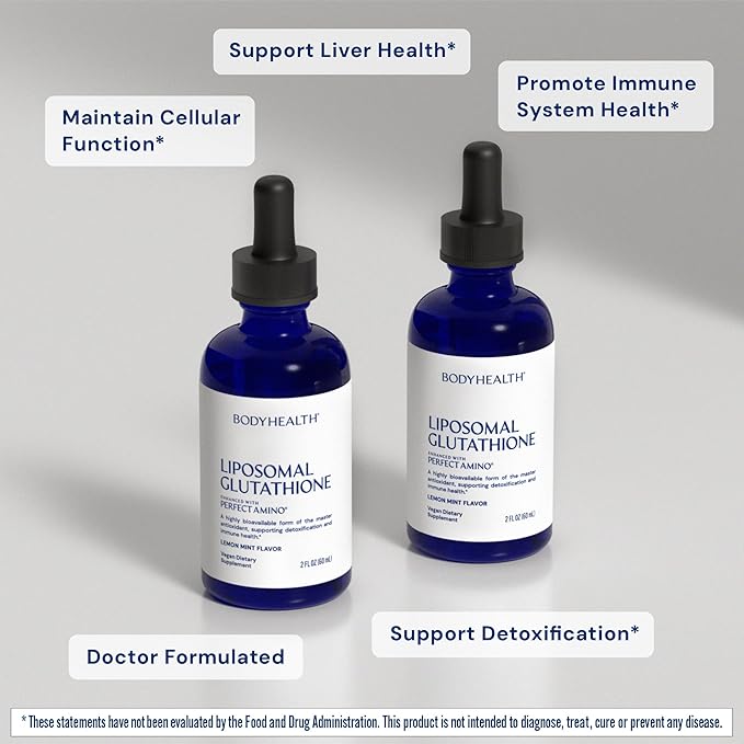 BodyHealth Liposomal L-Glutathione 100 mg – Lemon Mint Flavor | Supports Detox Liver &amp Immune Health | Vegan Non-GMO Gluten-Free - 2 FL OZ (60 mL)