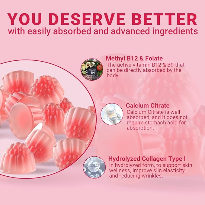 Sugar Free Methylated Multivitamin for Women Gummies Biotin Collagen Calcium Magnesium Inositol Folate Iron Vitamin A C D E - Womens Vitamins for Energy Immune Bone Skin Hair