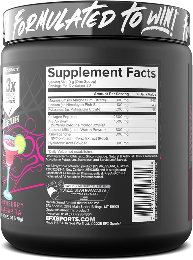 EFX Sports Kre-A-Glo Kre-Alkalyn Creatine for Women | 2.5g Collagen 300mg Ashwagandha 100mg Hyaluronic Acid | 30 Servings (Strawberry Margarita)
