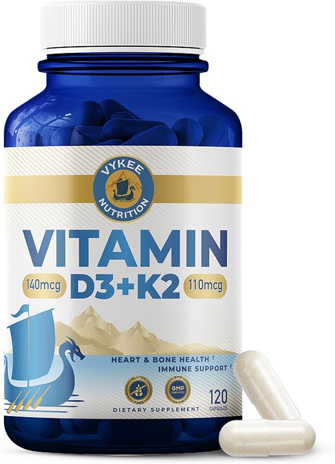 Vykee Nutrition Vitamin D3 K2 Complex - High Potency 140 mcg D3 Vitamin and 110mcg Vitamin K2 (MK-7) - Vegan Supplement for Bone and Heart Support Non-GMO Gluten-Free - 120 Count