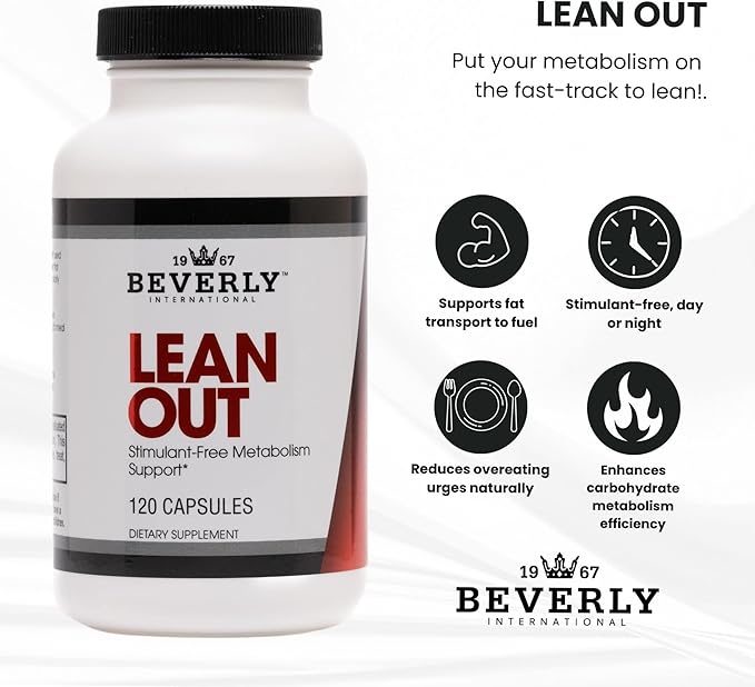 Beverly International Lean Out 120 caps. Fat Burner with Metabolic Support. Lipotropics. Choline Carnitine Chromium. Stimulant-Free Belly Fat Burner. Get Leaner. Use AM &amp PM Stackable Diet Pill